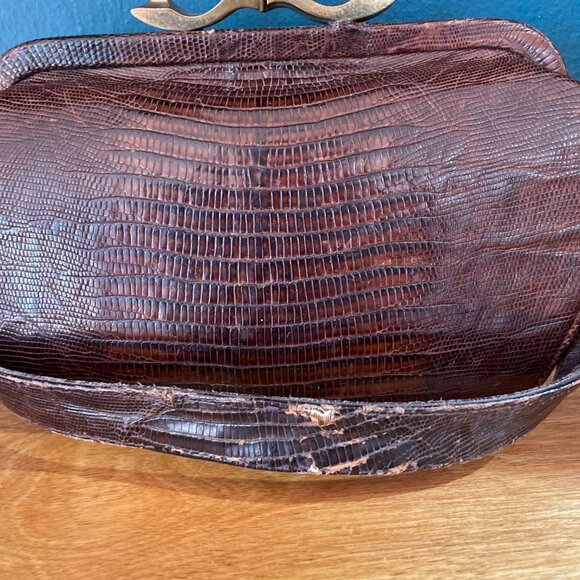 Vintage Genuine Brown Lizard Reptile Skin Leather Handbag Purse Satchel - Picture 3 of 7